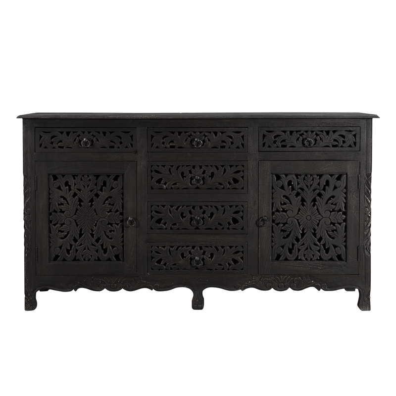 Pemberly Row 6-drawer 2-Door Carved Solid Wood Sideboard in Black