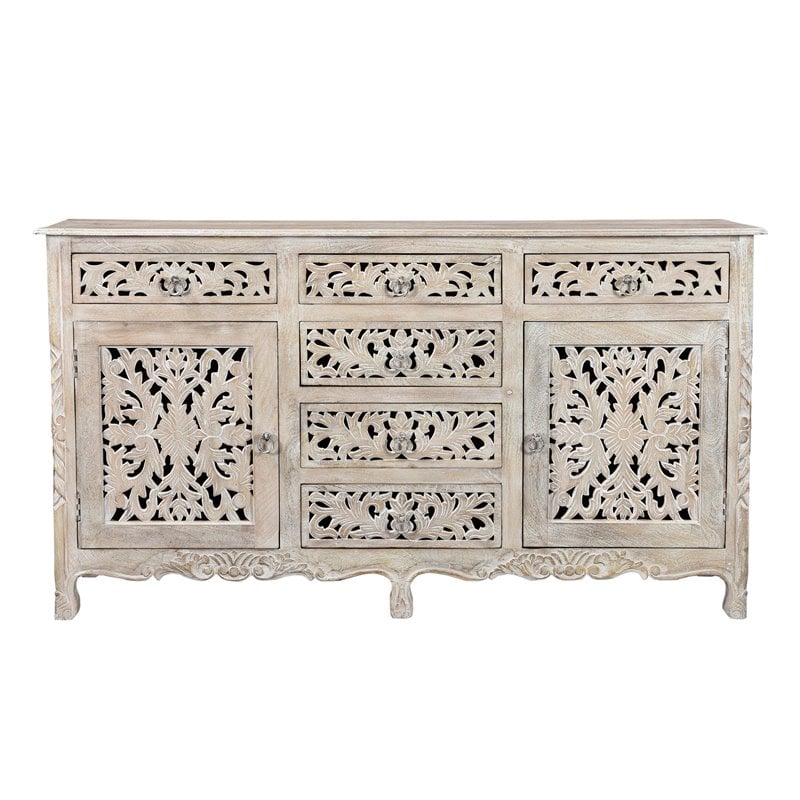 Pemberly Row 6-drawer 2-Door Carved Solid Wood Sideboard in White