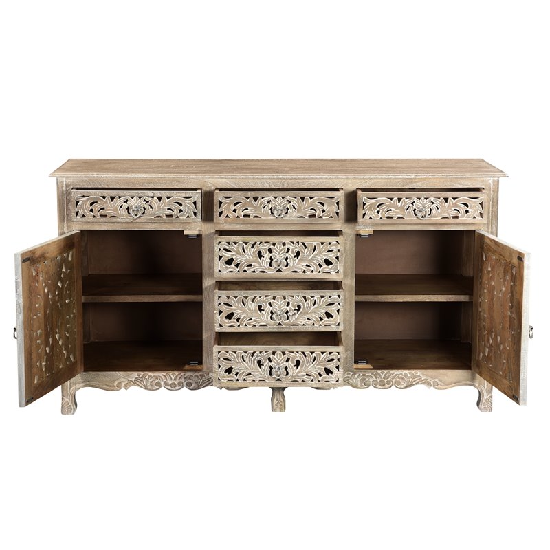 Pemberly Row 6-drawer 2-Door Carved Solid Wood Sideboard in Gray