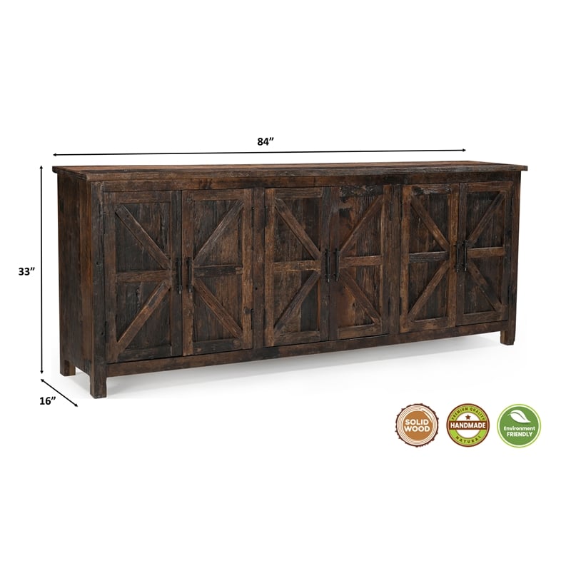 Pemberly Row Farmhouse 6-Door Solid Wood Sideboard in Dark Brown