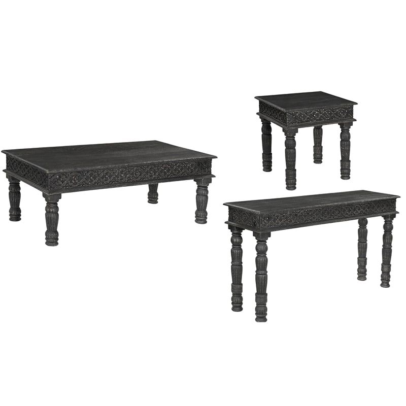Pemberly Row Farmhouse Carved Solid Wood Coffee Table in Black