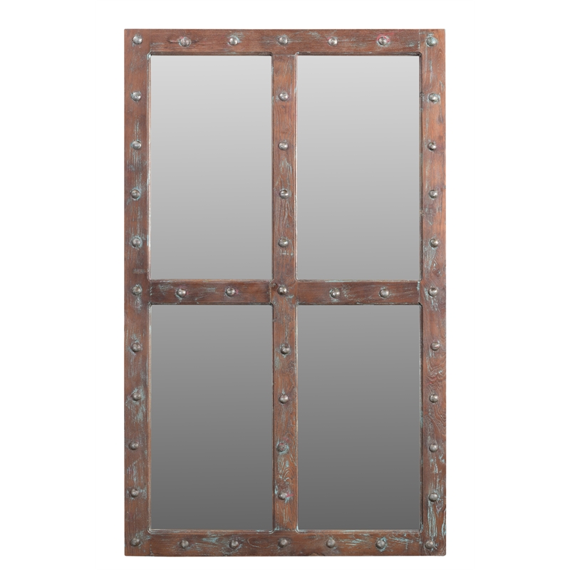 Pemberly Row Solid Wood Weathered Windowpane Accent Mirror in Brown