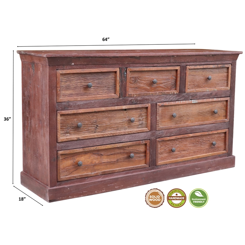 Pemberly Row Farmhouse 7-drawer Solid Wood Dresser in Brown Finish