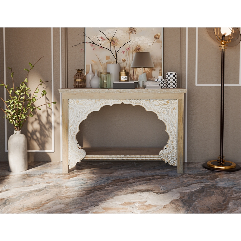 Pemberly Row Traditional Carved Solid Wood Console Table in Beige/White