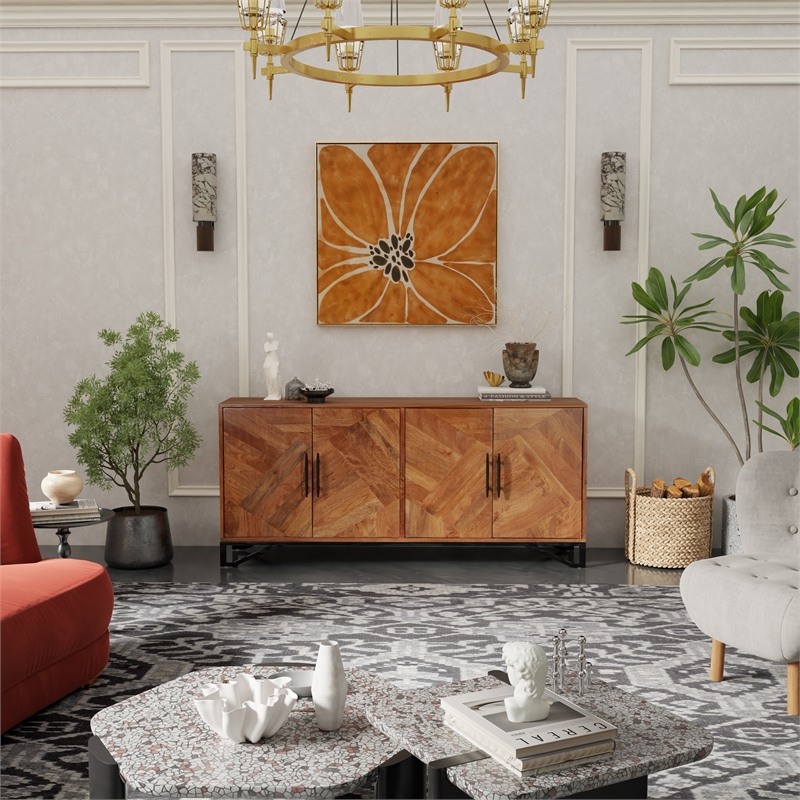 Pemberly Row 4-Door Geometric Pattern Solid Wood Sideboard in Brown