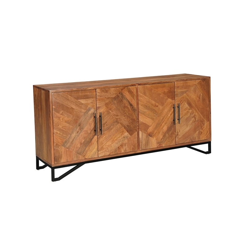 Pemberly Row 4-Door Geometric Pattern Solid Wood Sideboard in Brown