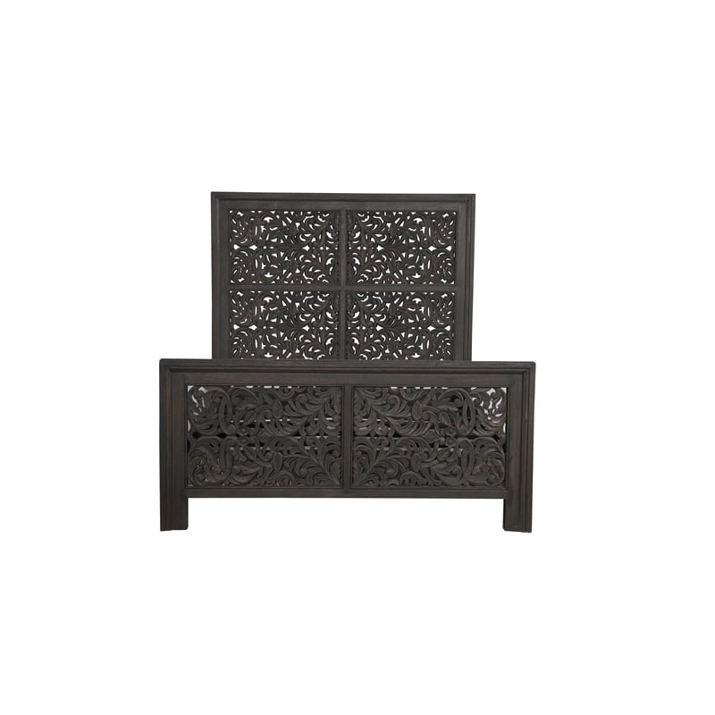 Pemberly Row Floral Carved Solid Wood Queen Panel Bed in Black