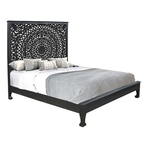 Pemberly Row Traditional Floral Carved Solid Wood King Bed in Black