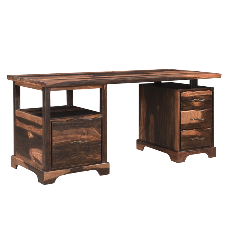 Pemberly Row 2-piece Live Edge Solid Wood Desk Set in Dark Brown