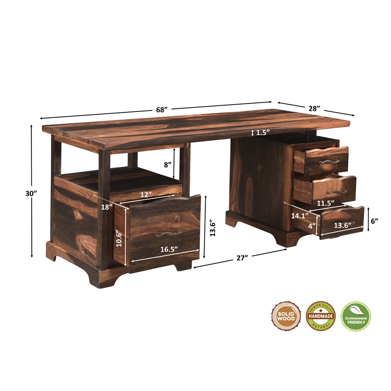 Pemberly Row 2-piece Live Edge Solid Wood Desk Set in Dark Brown