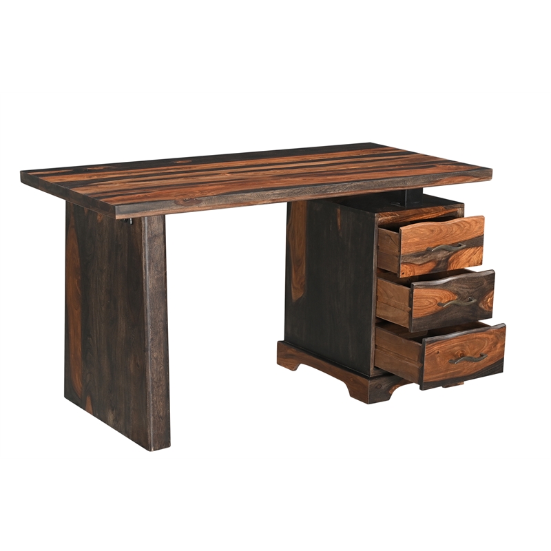 Pemberly Row 2-piece Live Edge Solid Wood Desk Set in Dark Brown