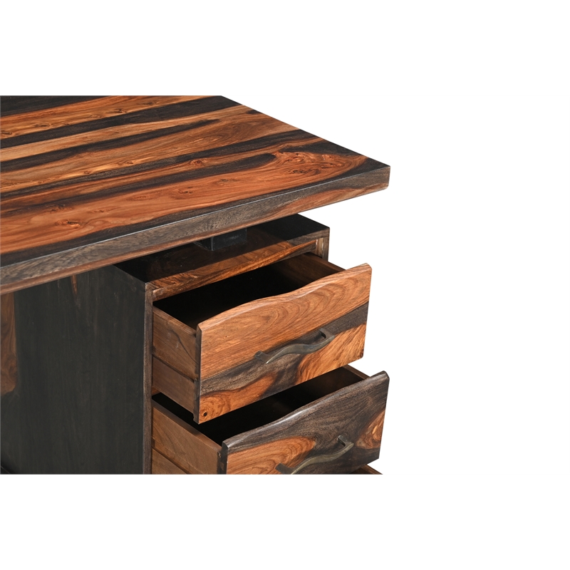 Pemberly Row 2-piece Live Edge Solid Wood Desk Set in Dark Brown