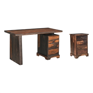 Pemberly Row 2-piece Live Edge Solid Wood Desk Set in Dark Brown