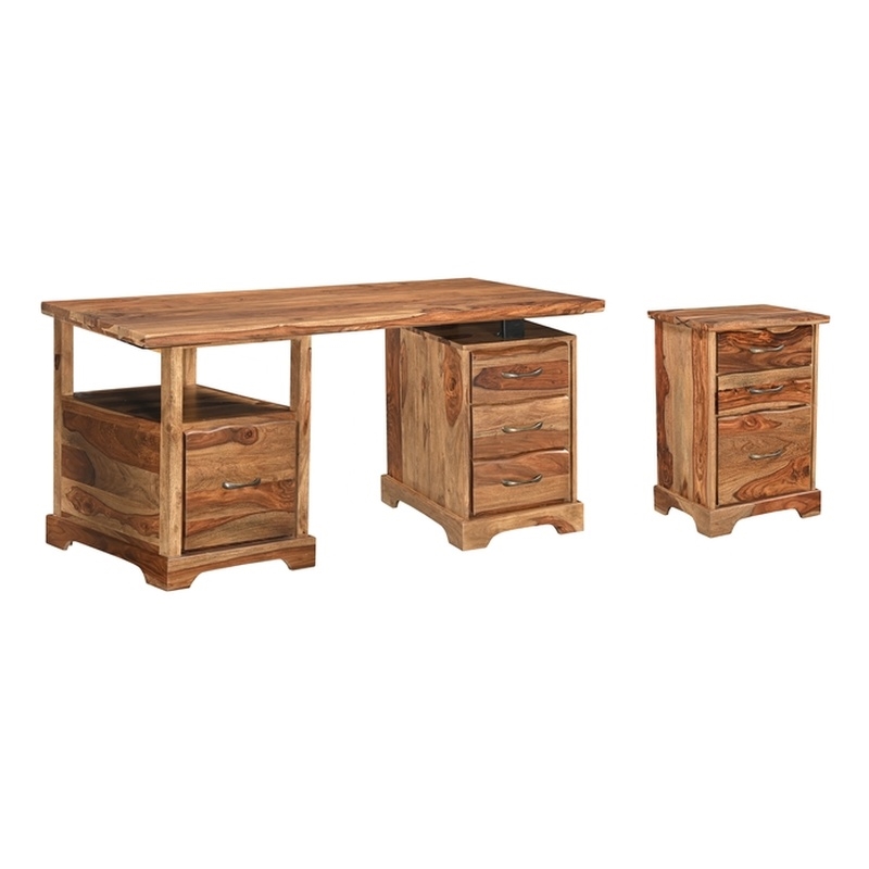 Pemberly Row Mid-Century 2-piece Live Edge Solid Wood Desk Set in Brown