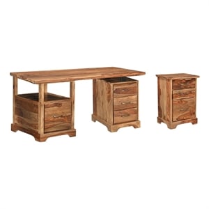 Pemberly Row Mid-Century 2-piece Live Edge Solid Wood Desk Set in Brown