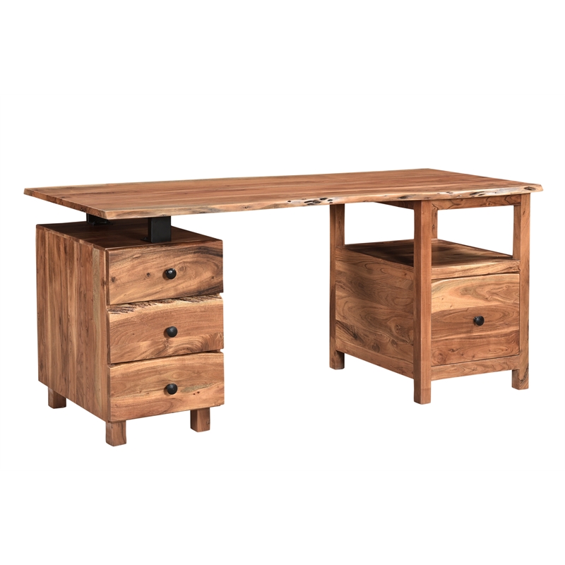 Pemberly Row Mid-Century 2-piece Live Edge Solid Wood Desk Set in Brown