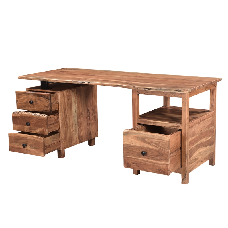 Pemberly Row Mid-Century 2-piece Live Edge Solid Wood Desk Set in Brown