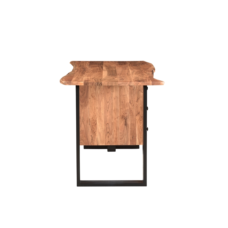 Pemberly Row Mid-Century 2-piece Live Edge Solid Wood Desk Set in Brown