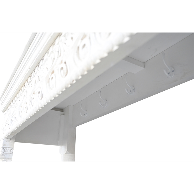 Pemberly Row Traditional Carved Solid Wood Hall Tree Bench in White