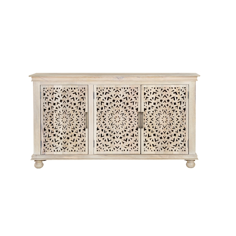 Pemberly Row 3-Door Floral Carved Solid Wood Sideboard in White