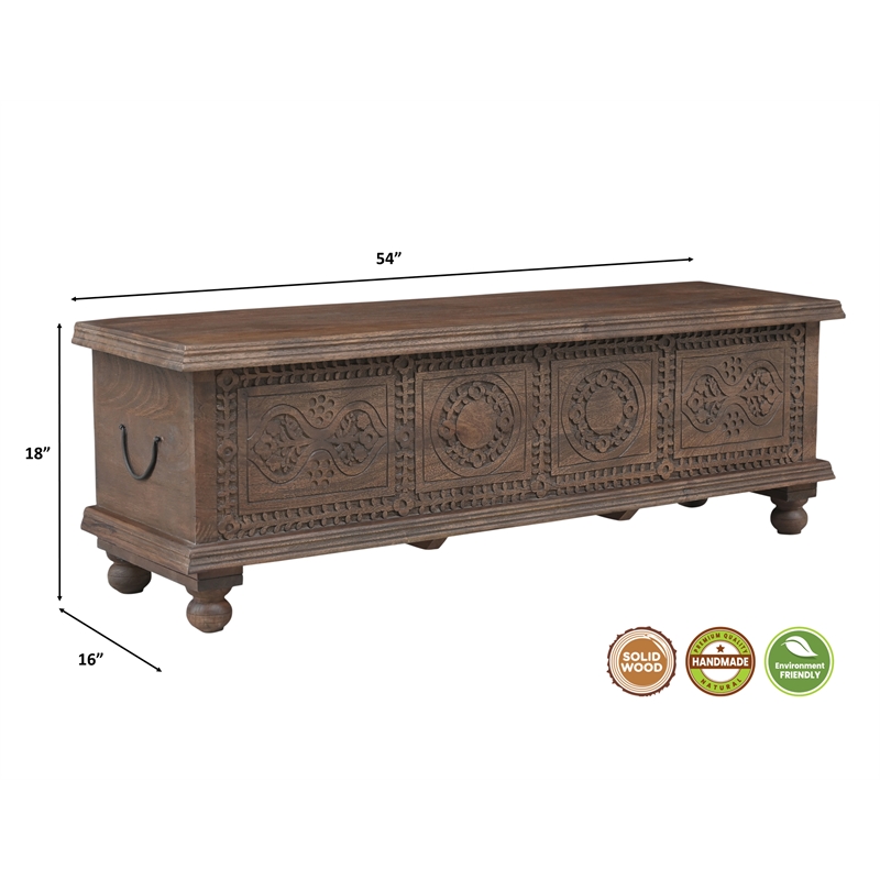 Pemberly Row Traditional Carved Solid Wood Storage Ottoman in Brown