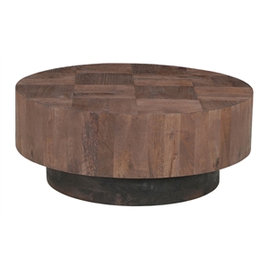 Pemberly Row Round Wood Coffee Table Mango Wood Dark Brown Top with Dark Base