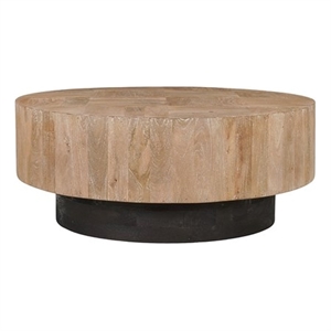 Pemberly Row Round Solid Wood Coffee Table Mango Wood Brown Top with Dark Base