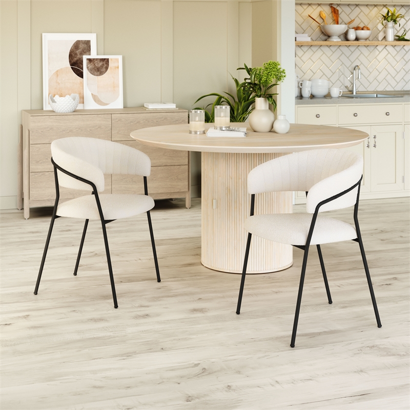 Pemberly Row Shearling Fabric Polyester Upholstered Dining Chair in Cream/Black