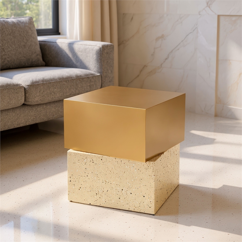 Pemberly Row Contemporary Electroplated Iron Square End Table in Gold & Beige