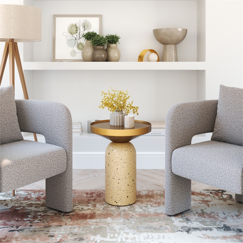 Pemberly Row Contemporary Electroplated Iron Round End Table in Gold & Beige