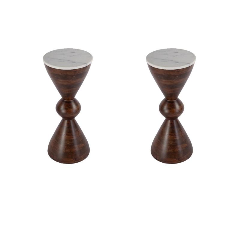 Pemberly Row Set of 2 Round Marble and Wood Side Tables in Brown