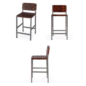 Pemberly Row Set of 3 Iron And Leather 24.5&quot Counter Stools in Brown