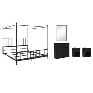 Pemberly Row Set of 5 Canopy Bed in King Size & Nightstands & Chest & Mirror
