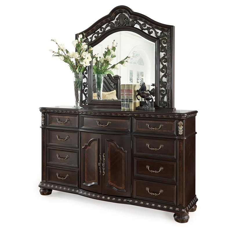 Pemberly Row Set of 4 Chocolate King Bed & Nightstands & Dresser with Mirror