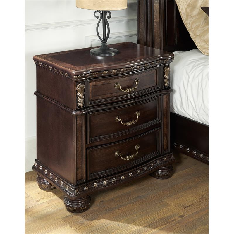 Pemberly Row Set of 4 Chocolate King Bed & Nightstands & Dresser with Mirror