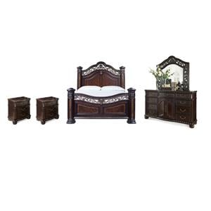 Pemberly Row Set of 4 Chocolate King Bed & Nightstands & Dresser with Mirror