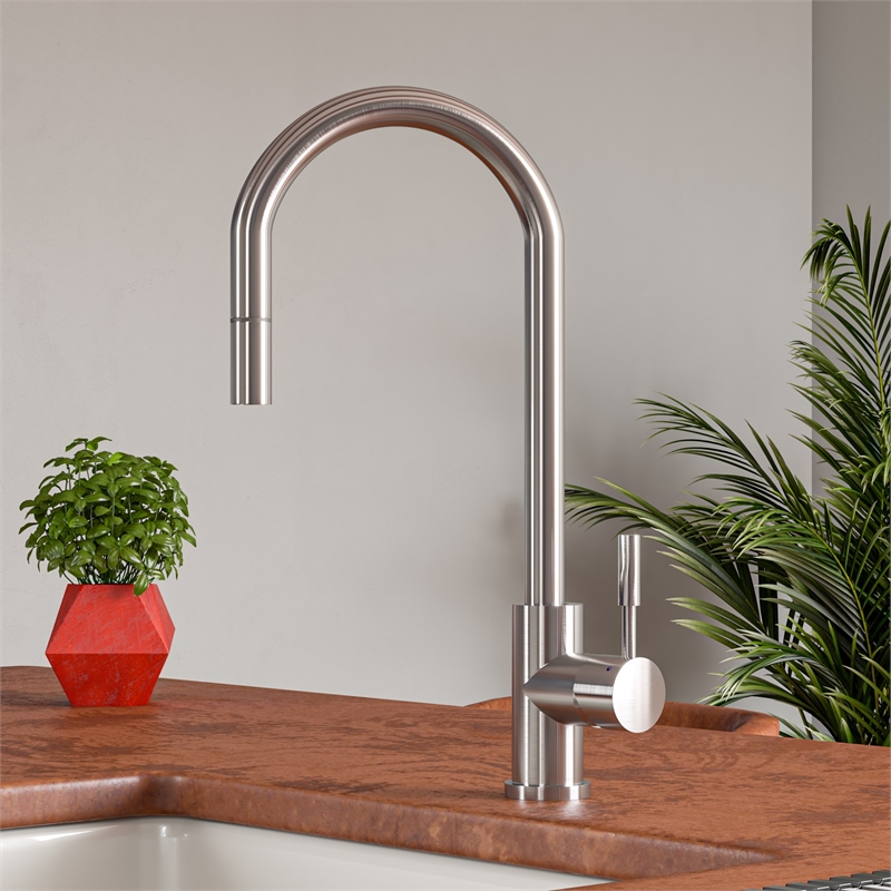 Pemberly Row Solid Brushed Stainless Steel Single Hole Pull Down Kitchen Faucet