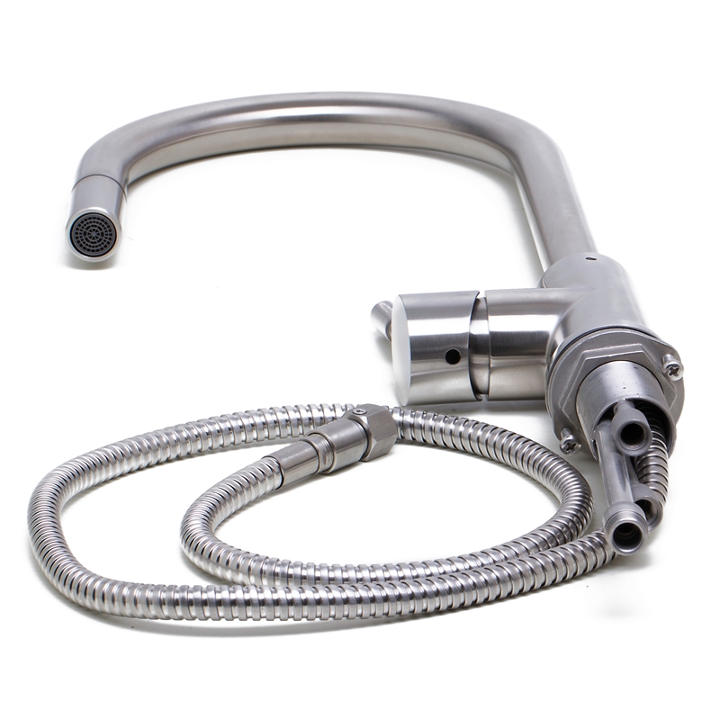 Pemberly Row Solid Brushed Stainless Steel Single Hole Pull Down Kitchen Faucet