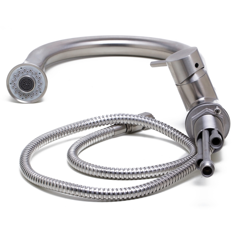 Pemberly Row Solid Brushed Stainless Steel Pull Down Single Hole Kitchen Faucet