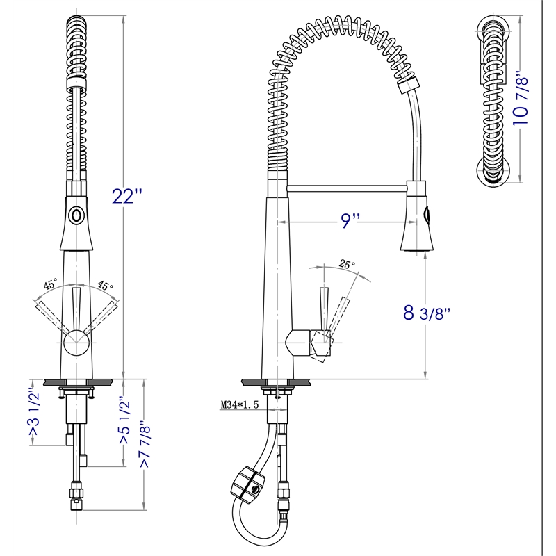 Pemberly Row Solid Stainless Steel Kitchen Faucet w Pull Down Shower Spray