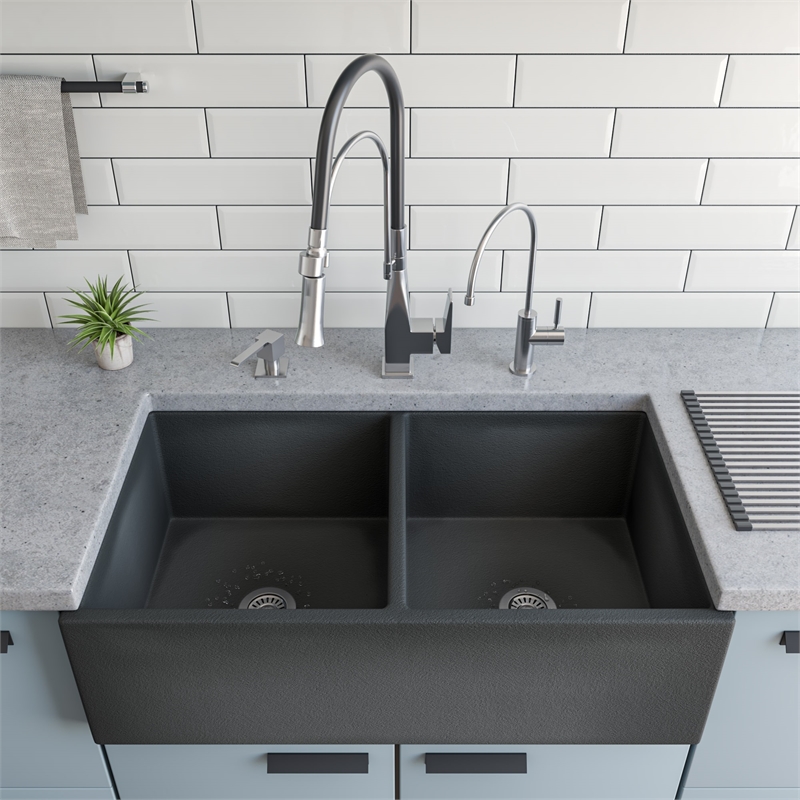 Pemberly Row Brushed Nickel Square Kitchen Faucet w Black Rubber Stem