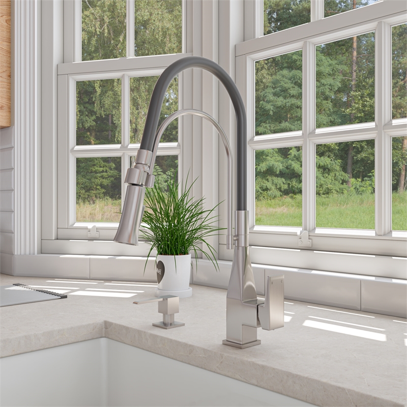Pemberly Row Brushed Nickel Square Kitchen Faucet w Black Rubber Stem