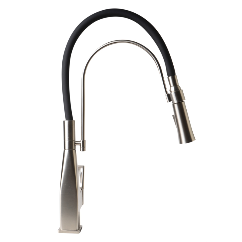 Pemberly Row Brushed Nickel Square Kitchen Faucet w Black Rubber Stem