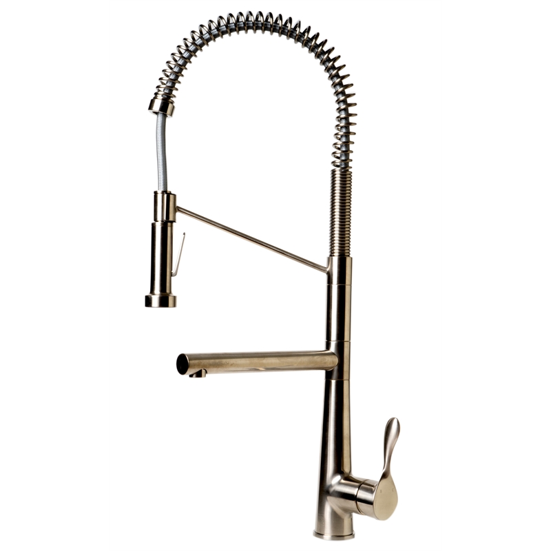 Pemberly Row Brushed Nickel Double Spout Commercial Spring Kitchen Faucet