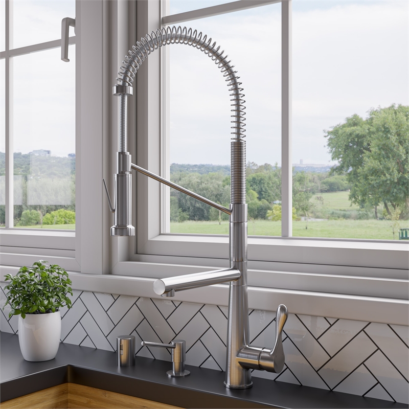 Pemberly Row Brushed Nickel Double Spout Commercial Spring Kitchen Faucet