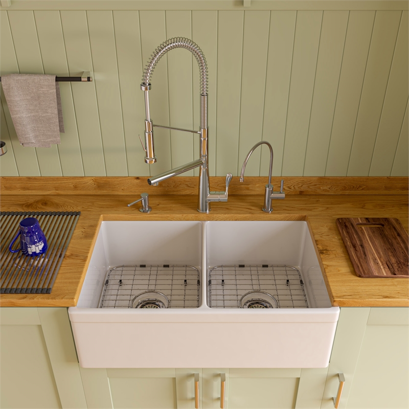 Pemberly Row Polished Chrome Double Spout Commercial Spring Kitchen Faucet
