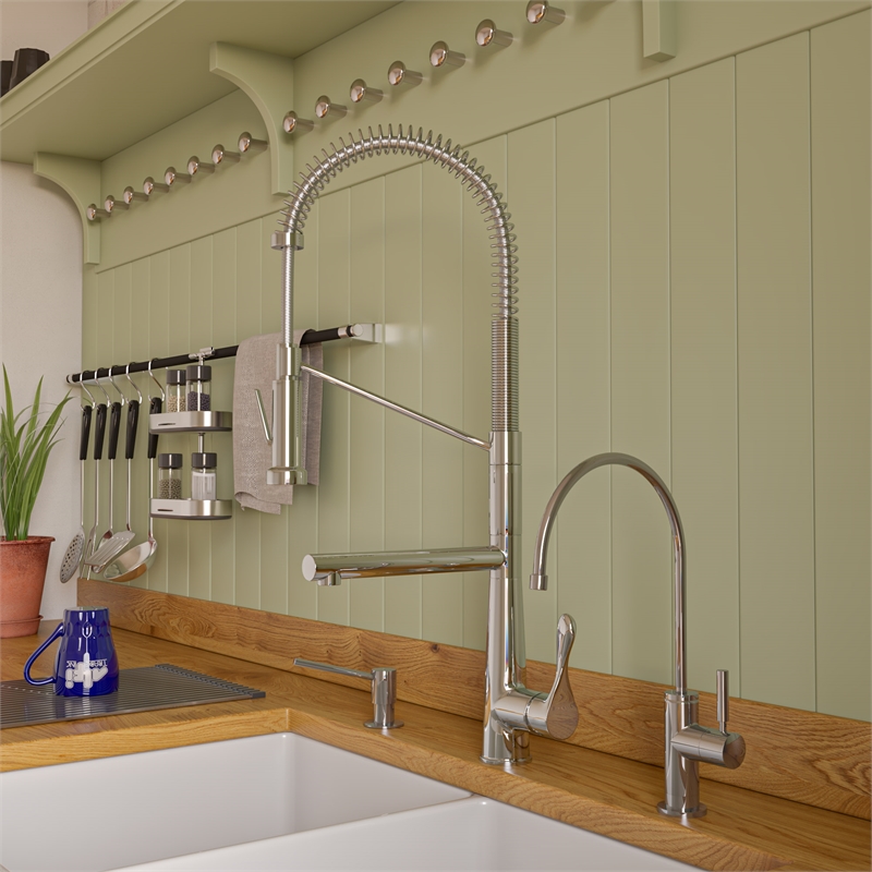 Pemberly Row Polished Chrome Double Spout Commercial Spring Kitchen Faucet