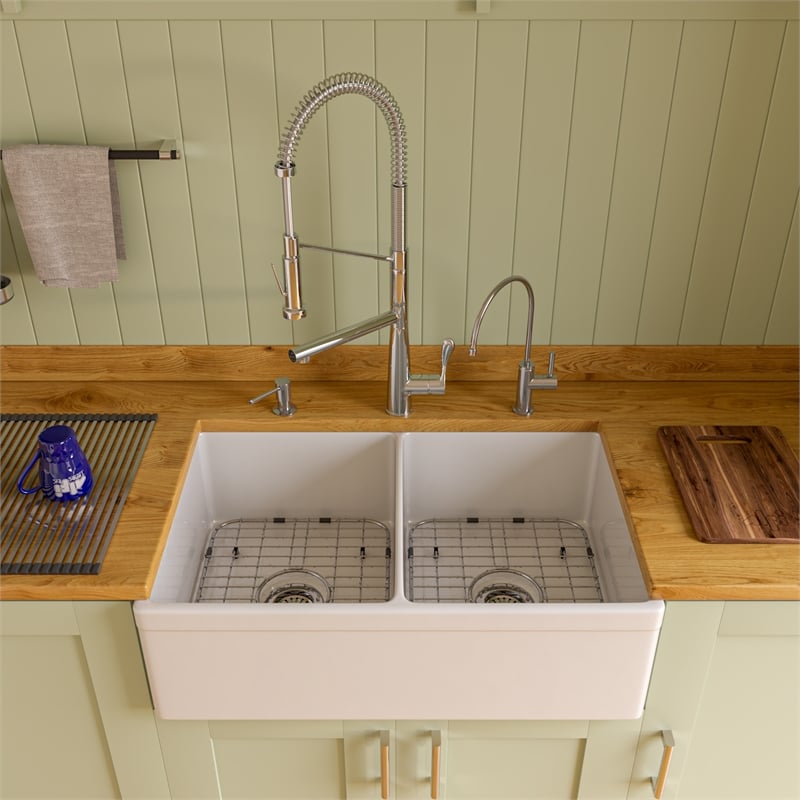 Pemberly Row Decorative Lip Apron Double Bowl Fireclay Farmhouse Kitchen Sink