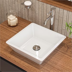Pemberly Row Contemporary White 17&quot Square Above Mount Ceramic Sink