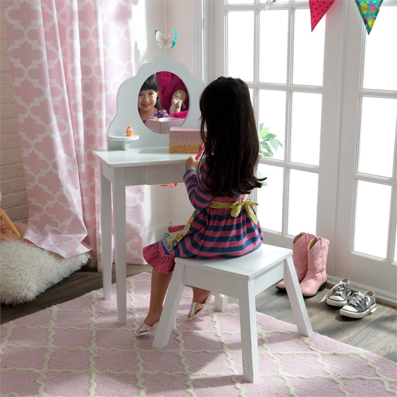 Pemberly Row Modern Wood Medium Kids Vanity Table and Stool in White